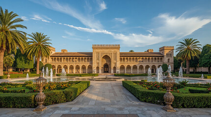 A grand Moorish palace with ornate architecture, surrounded by lush gardens and fountains under a clear blue sky with wispy clouds.