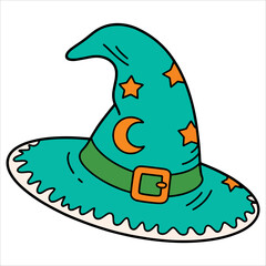Halloween light green magical wizard witch hat with outline art decoration. Festival masquerade icon element collection ideal for holiday and magical designs.