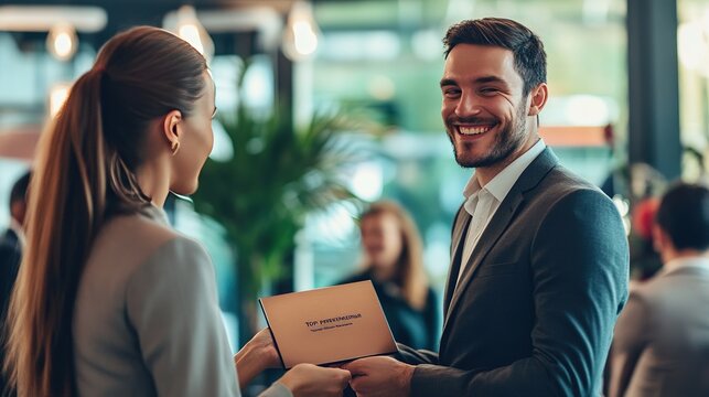 Employee smiling while receiving a 'Top Performer' award plaque from a manager in a corporate event.