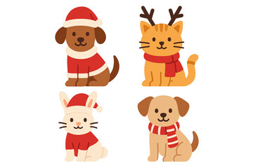 Flat Vector Pets in Christmas Costumes, Festive Holiday Animals Set
