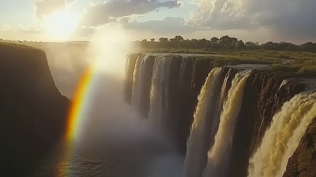 Breathtaking Aerial View of Victoria Falls Zimbabwe, Showcasing the Majestic Waterfall and Rainbow