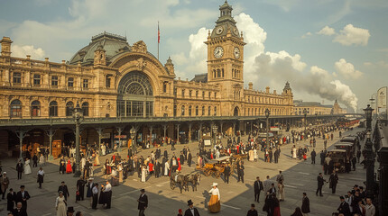 Naklejka premium A bustling train station with elegantly dressed people in vintage attire, horse-drawn carriages, and steam trains under a cloudy sky. The grand architecture features a prominent clock tower.