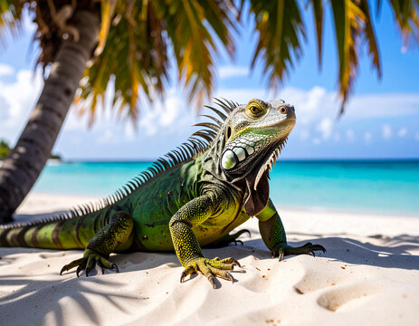 Colorful Portrait of Green Iguana in Palm Tree on Beach in Florida 121 - Powered by Adobe