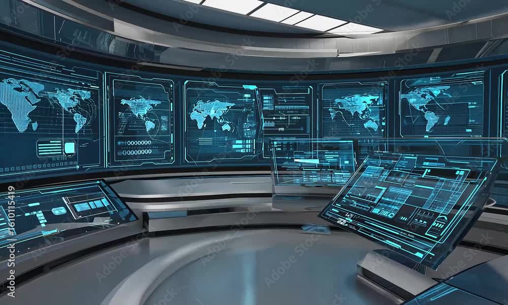 Poster view of a futuristic control room with multiple screens displaying world maps and data visualization