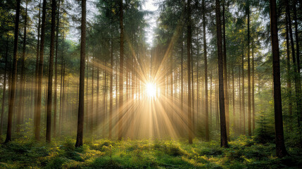 Fototapeta premium Sunlight breaks through tall pines in serene forest, creating magical atmosphere