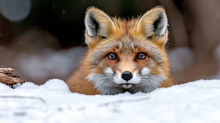 Fototapeta premium Fox peeking through snow, showcasing its beautiful fur and curious expression. serene winter