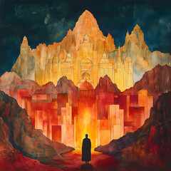 A panoramic biblical scene showing the immensity of divine power with Moses silhouetted as a small figure next to glowing tablets on the mountaintop  ,soft royal hues of red, gold, and ivory.