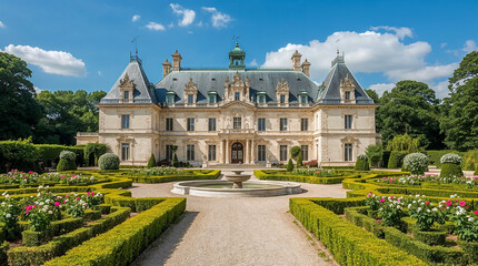 A magnificent French chateau with elaborate gardens, a central fountain, and manicured hedges under a bright blue sky with fluffy clouds. Lush trees surround the estate.