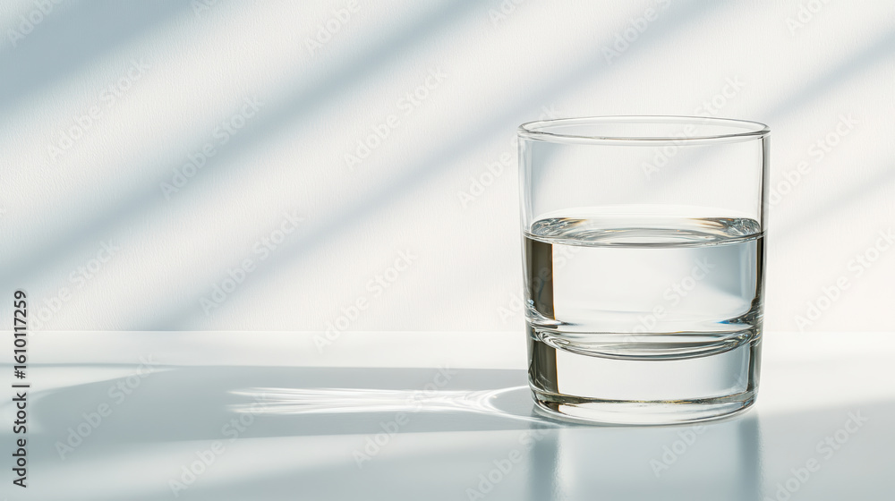 Poster clear glass of water on reflective surface with soft shadows creating serene atmosphere