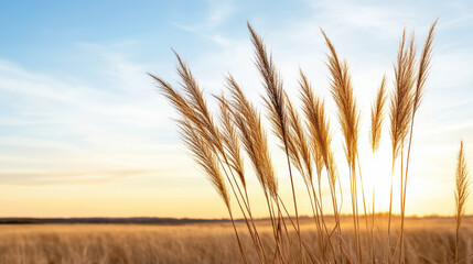 Golden grass swaying gently in breeze at sunset, creating serene atmosphere