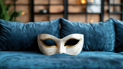 Elegant mask resting on plush blue cushion, creating mysterious ambiance