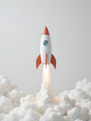 A minimalistic cute rocket launches upwards against a white background, symbolizing hope, ambition, and new beginnings, with a bright light tone and a blurred empty space that enhances the sense of po
