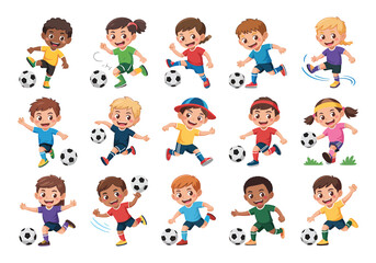 Group of diverse kids playing soccer illustration showing happy children kicking and dribbling soccer balls in various colored outfits and poses expressing joy and athleticism