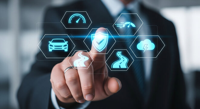A businessman interacts with a futuristic digital interface featuring a central shield icon surrounded by automotive and driving related symbols, signifying vehicle safety and smart car technology.