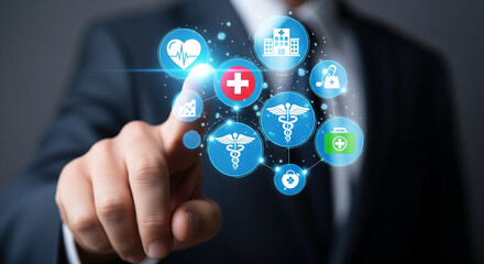 A businessman interacts with a central glowing medical cross surrounded by interconnected healthcare icons, including a heartbeat, hospital, and caduceus, symbolizing integrated health solutions.