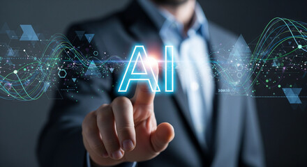 A businessman's hand points to a glowing "AI" text integrated with swirling digital lines and nodes, symbolizing the power and connectivity of artificial intelligence.