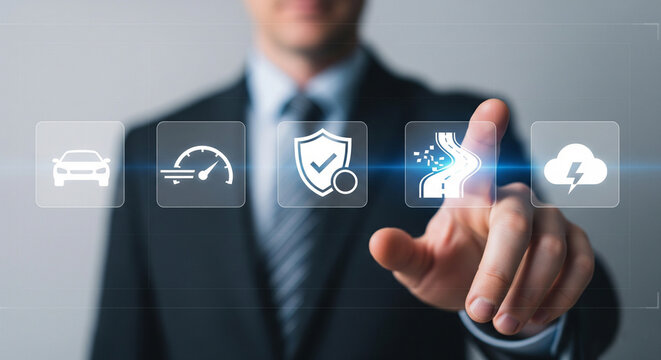 Description: A businessman interacts with a futuristic digital interface featuring icons related to automotive safety and performance, including a car, speedometer, shield, road, and cloud with lightn
