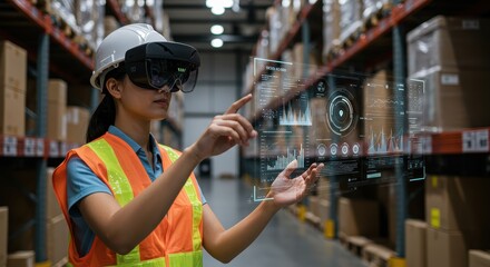 Warehouse Worker Using Augmented Reality Glasses for Data Analysis and Inventory Management in Modern Storage Facility