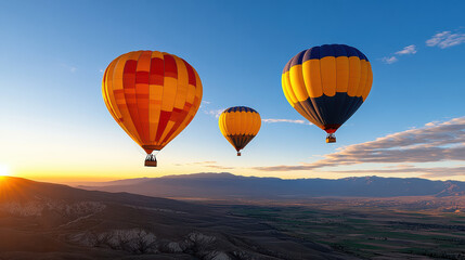 Obraz premium Colorful hot air balloons soaring over scenic landscape at sunrise, creating serene atmosphere