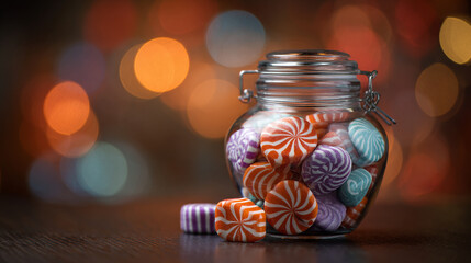 A glass jar filled with colorful spiral candies on a dark surface with bokeh lights