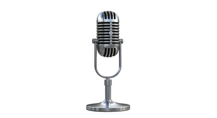 Vintage professional silver microphone isolated on white background for podcast and broadcast recording.
