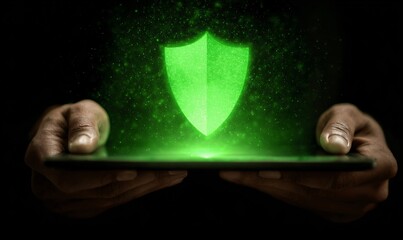 Digital security shield protecting data with glowing green light over a tablet device