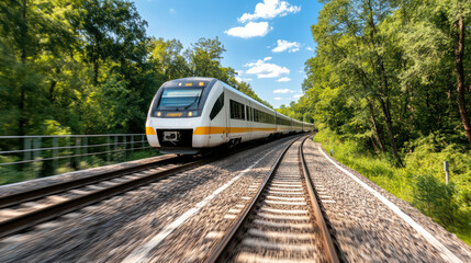 Naklejka premium Fast train moving through lush greenery on sunny day, showcasing speed and modern design