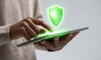 Digital security and protection concept with shield icon on tablet screen