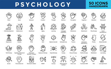 Psychology icons set with mind, brain, behavior, emotion, thought, memory, perception, cognition, attention, motivation icon. Simple handdrawn vector 
