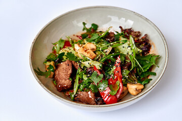 A Colorful Fusion of Fresh Herbs, Tender Beef, and Vibrant Vegetables in a Bowl Highlighting Culinary Artistry and Flavorful Ingredients