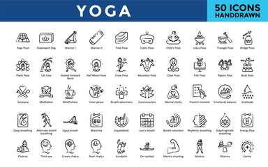 Yoga icons set with yoga mat, yoga block, yoga strap, bolster, blanket, eye pillow, meditation cushion, incense, singing bowl, essential oils icon. Simple handdrawn vector 
