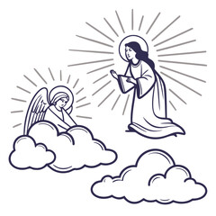 Angelic figures with divine light beams and celestial clouds wings halo