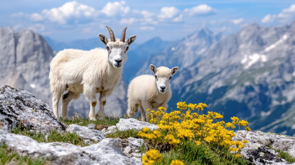 Obraz premium Mountain goats grazing rocky alpine slope, surrounded by vibrant flowers and majestic mountains