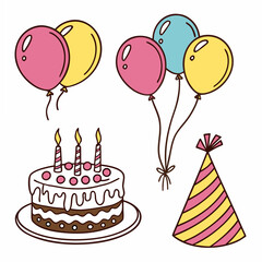 Birthday party elements balloons cake party hat celebration