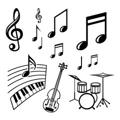 Black musical notes treble clefs violin piano keyboard drum set vector
