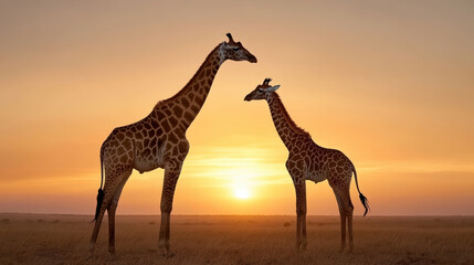Fototapeta premium Giraffes silhouetted against warm orange sky create serene and majestic scene