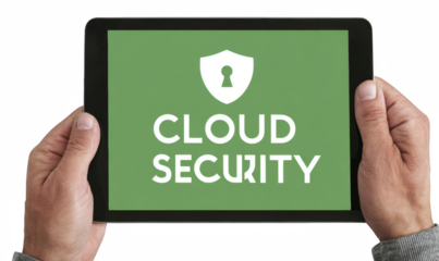 Cloud security concept on tablet screen with hands holding device, data protection