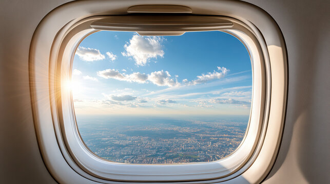 Aerial view from airplane window showcasing bright sky with clouds and cityscape below