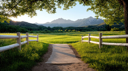Fototapeta premium Lush green path leading toward majestic mountains under clear sky evokes tranquility and peace