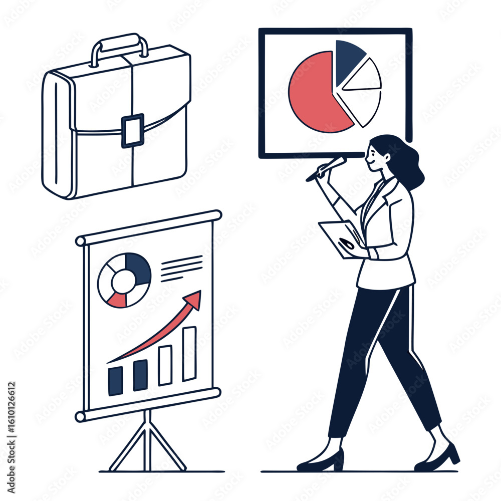 Poster business presentation with charts and briefcase graphs pie chart
