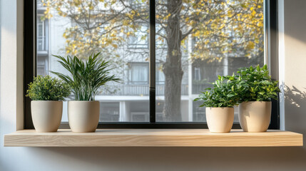 Bright plants arranged on wooden shelf by window, creating serene atmosphere