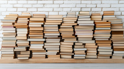 Cozy bookshop filled with stacks of vintage books against white brick wall