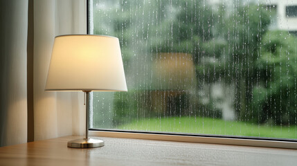 Cozy room with glowing lamp beside window, rain falling outside creates serene atmosphere