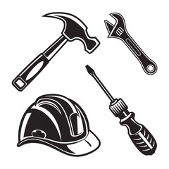 Black Construction Tools and Hard Hat hammer wrench