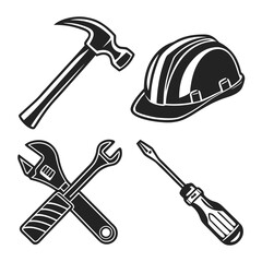 Black construction tools on white background hammer