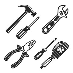 Black icons hammer screwdriver pliers adjustable wrench tape measure