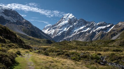 Fototapeta premium Majestic Mountains and Lush Greenery Along a Scenic Path in New Zealand’s Southern Alps During a Clear Day