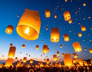 glowing lanterns rising into the clear night sky with a sense of liberation