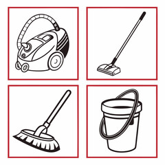 Cleaning tools vacuum broom mop bucket icons vacuum cleaner