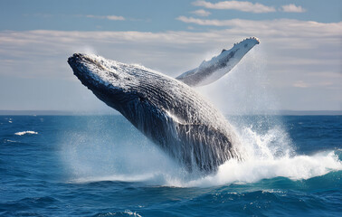 Fototapeta premium Humpback whale jumping out of the water in Australia. The whale is falling on its back and spraying water in the air.